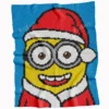 Christmas Minion C2C crochet blanket pattern featuring a Minion in a Santa hat and winter outfit on a bright blue background, handmade pixel graphghan blanket design.