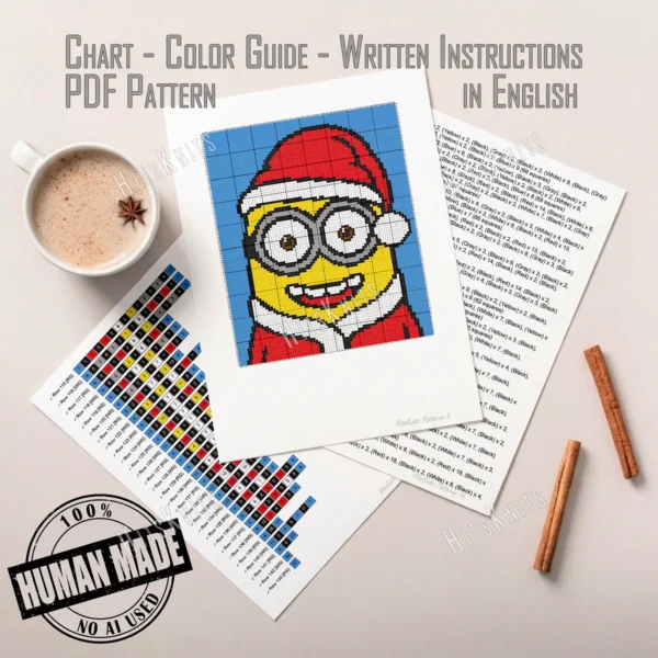 Christmas Minion C2C crochet blanket pattern featuring a Minion in a Santa hat and winter outfit on a bright blue background, handmade pixel graphghan blanket design.