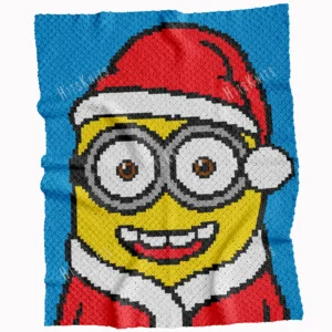 Christmas Minion C2C crochet blanket pattern featuring a Minion in a Santa hat and winter outfit on a bright blue background, handmade pixel graphghan blanket design.