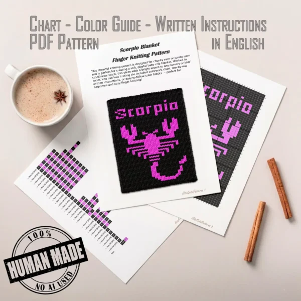 Scorpio Finger Blanket knitting pattern by HitsKnits - zodiac graphghan in black and purple jumbo yarn