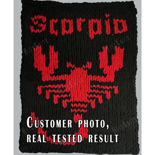 Scorpio Finger Blanket knitting pattern by HitsKnits - zodiac graphghan in black and purple jumbo yarn