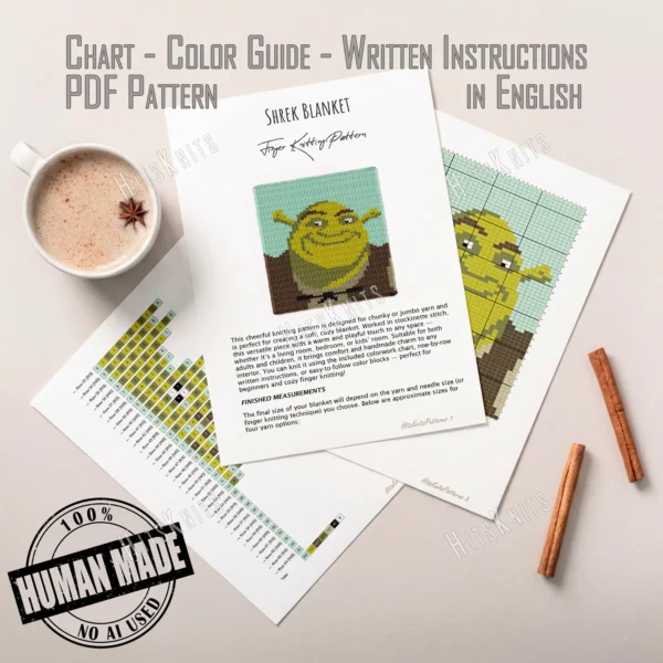 Chunky knit Shrek face blanket in jumbo chenille yarn, cartoon graphghan throw pattern with green ogre portrait and colorful background.