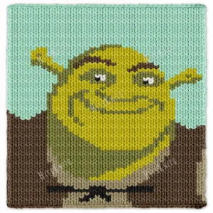 Chunky knit Shrek face blanket in jumbo chenille yarn, cartoon graphghan throw pattern with green ogre portrait and colorful background.