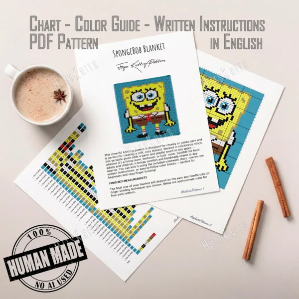 Knitted SpongeBob SquarePants blanket with a bright aqua background, cheerful smile, big blue eyes, brown shorts, red tie, striped socks, and outstretched arms in colorful chunky pixel-style stitches.