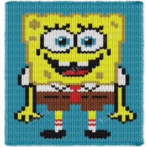 Knitted SpongeBob SquarePants blanket with a bright aqua background, cheerful smile, big blue eyes, brown shorts, red tie, striped socks, and outstretched arms in colorful chunky pixel-style stitches.
