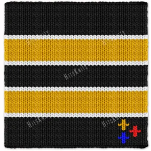 Chunky knit striped blanket inspired by Pittsburgh Steelers football colors, featuring bold black and gold horizontal stripes with white accent lines on a soft plush textured background. The lower corner includes the classic three-diamond symbol in yellow, red, and blue.
