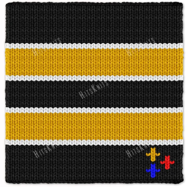 Chunky knit striped blanket inspired by Pittsburgh Steelers football colors, featuring bold black and gold horizontal stripes with white accent lines on a soft plush textured background. The lower corner includes the classic three-diamond symbol in yellow, red, and blue.