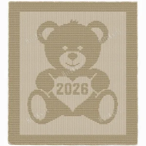 Beige knitted baby blanket featuring a textured teddy bear holding a heart with “2026” inside. The teddy bear and border are worked in raised garter stitch against a smooth stockinette background, creating a soft embossed effect. Handmade-style nursery blanket design for newborn babies and baby shower gifts.