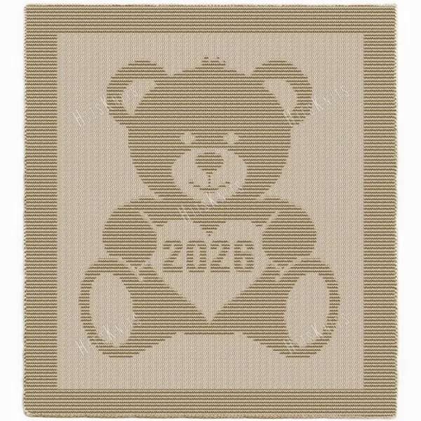 Beige knitted baby blanket featuring a textured teddy bear holding a heart with “2026” inside. The teddy bear and border are worked in raised garter stitch against a smooth stockinette background, creating a soft embossed effect. Handmade-style nursery blanket design for newborn babies and baby shower gifts.