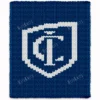 Ithaca College IC shield logo chunky knit blanket pattern in navy blue and white, featuring the interlocked IC emblem, knitted in jumbo yarn using finger knitting colorwork technique.