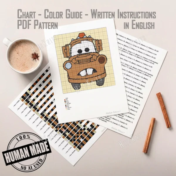 Large C2C crochet blanket featuring Tow Mater from Disney Pixar Cars in pixel art style, with a beige background and colorful fringe border, displayed in a modern living room.