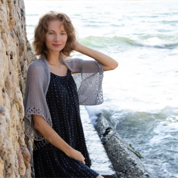Cotton Lace Shrug knitting pattern by HitsKnits - lightweight open summer shrug in white fingering cotton yarn with lace border