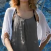 Cotton Lace Shrug knitting pattern by HitsKnits - lightweight open summer shrug in white fingering cotton yarn with lace border
