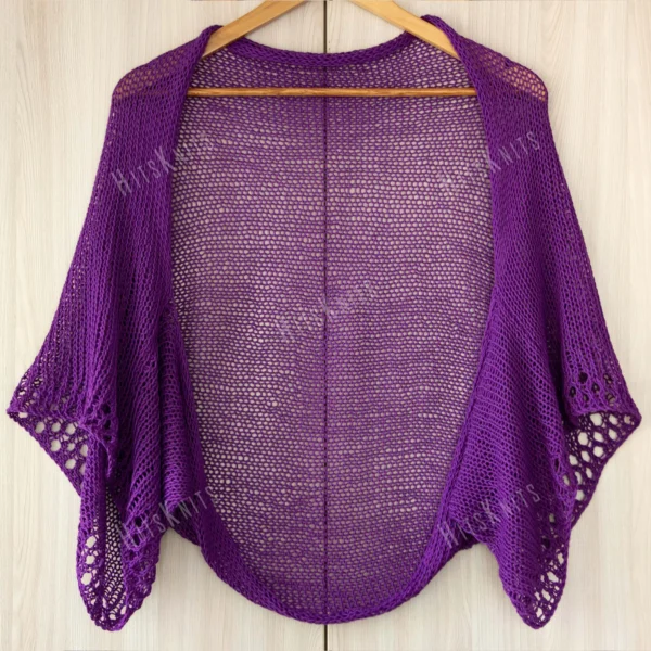 Cotton Lace Shrug knitting pattern by HitsKnits - lightweight open summer shrug in white fingering cotton yarn with lace border