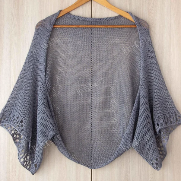 Cotton Lace Shrug knitting pattern by HitsKnits - lightweight open summer shrug in white fingering cotton yarn with lace border