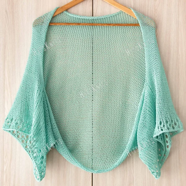 Cotton Lace Shrug knitting pattern by HitsKnits - lightweight open summer shrug in white fingering cotton yarn with lace border