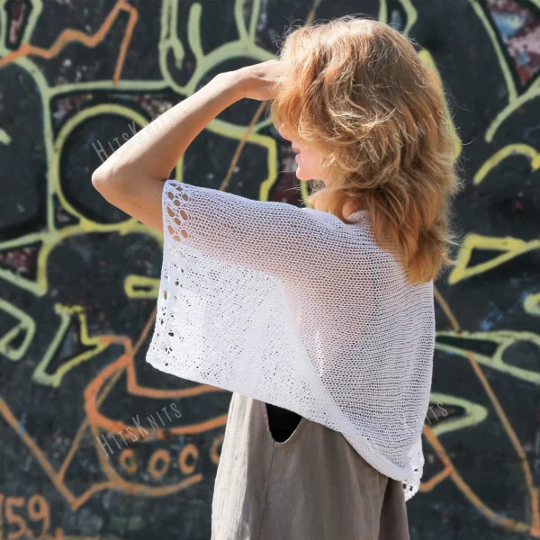 Cotton Lace Shrug knitting pattern by HitsKnits - lightweight open summer shrug in white fingering cotton yarn with lace border