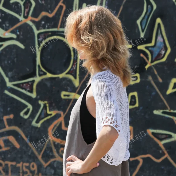 Cotton Lace Shrug knitting pattern by HitsKnits - lightweight open summer shrug in white fingering cotton yarn with lace border