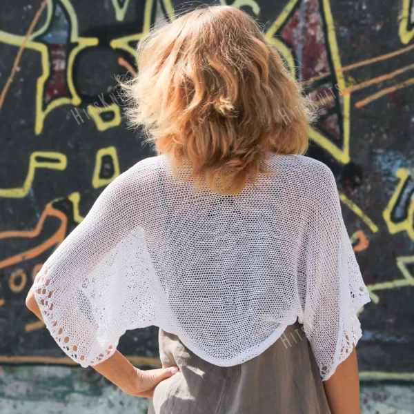 Cotton Lace Shrug knitting pattern by HitsKnits - lightweight open summer shrug in white fingering cotton yarn with lace border