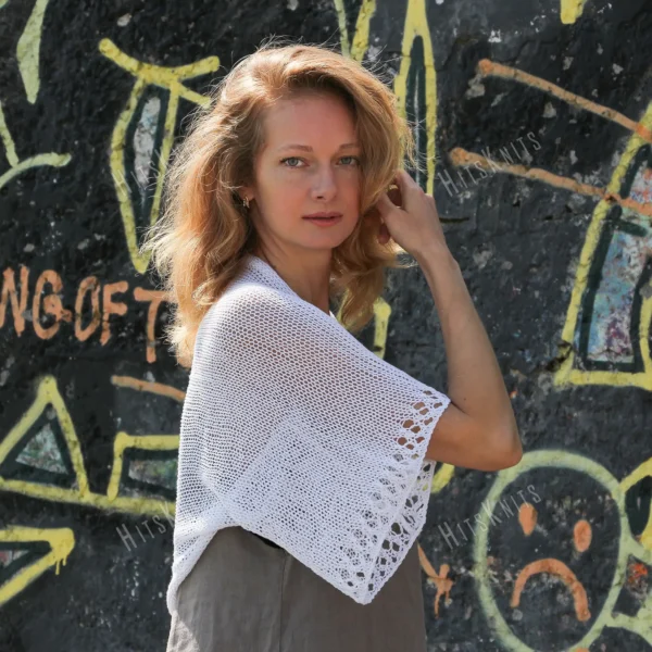 Cotton Lace Shrug knitting pattern by HitsKnits - lightweight open summer shrug in white fingering cotton yarn with lace border