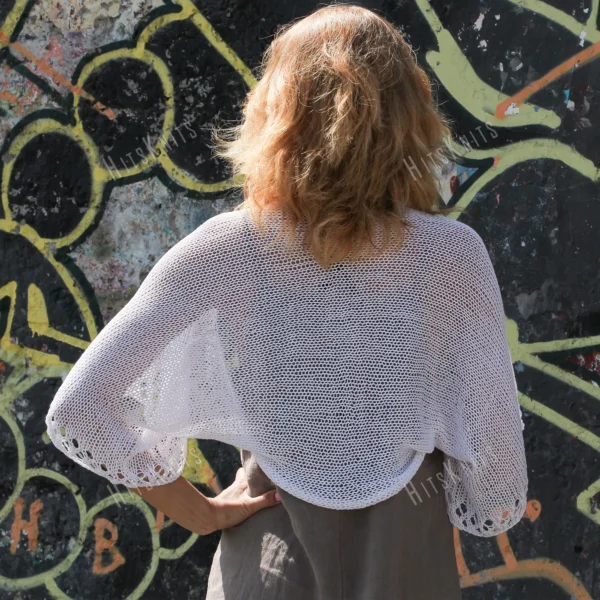 Cotton Lace Shrug knitting pattern by HitsKnits - lightweight open summer shrug in white fingering cotton yarn with lace border