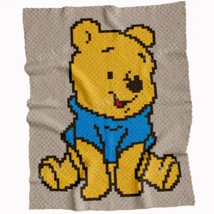 Winnie the Pooh C2C crochet blanket pattern featuring classic Pooh Bear in a blue shirt on a warm neutral background, handmade pixel graphghan blanket design.