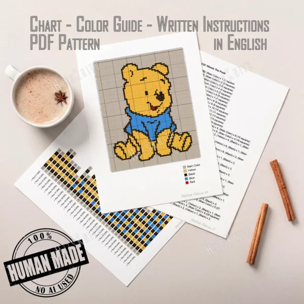 Winnie the Pooh C2C crochet blanket pattern featuring classic Pooh Bear in a blue shirt on a warm neutral background, handmade pixel graphghan blanket design.