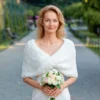 Faux Fur Bridal Wrap knitting pattern by HitsKnits - fluffy infinity cape in white super bulky faux fur yarn