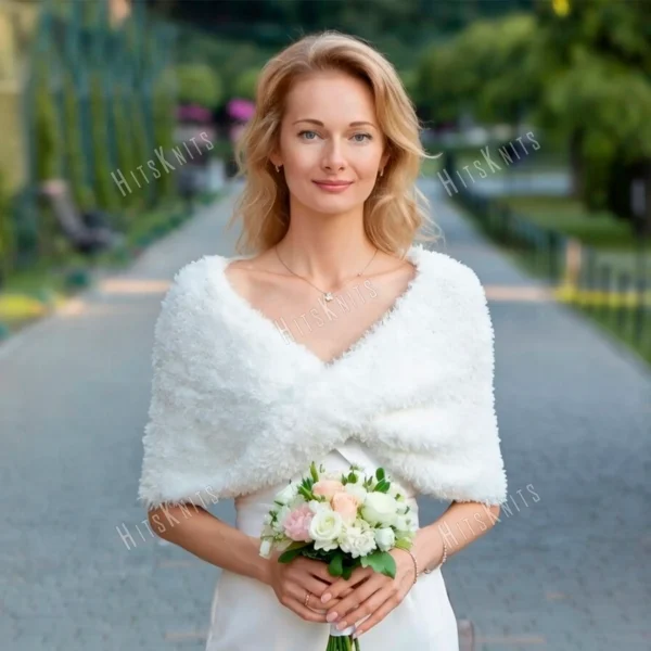 Faux Fur Bridal Wrap knitting pattern by HitsKnits - fluffy infinity cape in white super bulky faux fur yarn