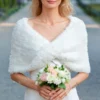 Faux Fur Bridal Wrap knitting pattern by HitsKnits - fluffy infinity cape in white super bulky faux fur yarn
