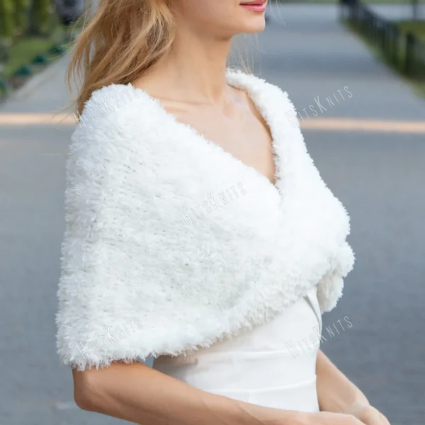 Faux Fur Bridal Wrap knitting pattern by HitsKnits - fluffy infinity cape in white super bulky faux fur yarn