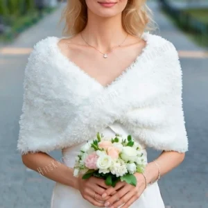 Faux Fur Bridal Wrap knitting pattern by HitsKnits - fluffy infinity cape in white super bulky faux fur yarn