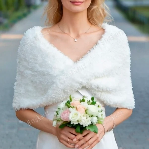 Faux Fur Bridal Wrap knitting pattern by HitsKnits - fluffy infinity cape in white super bulky faux fur yarn