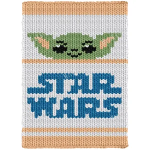 Baby Yoda Grogu finger knitting blanket pattern, Star Wars chenille blanket for boys, blue logo and green Grogu face