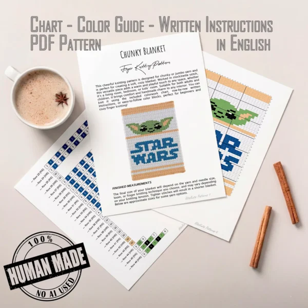 Baby Yoda Grogu finger knitting blanket pattern, Star Wars chenille blanket for boys, blue logo and green Grogu face