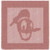 Donald Duck Panel Knitting Pattern showing the head of Disney's Donald Duck with his sailor cap, eyes, and long bill in raised knit and purl texture on a solid dusty rose panel with a garter stitch border, worked in one color, 100 stitches x 146 rows.