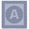 Letter A Panel Knitting Pattern showing a capital letter A inside a round medallion in raised knit and purl texture on a square knitted panel with a garter stitch border, worked in one solid color, 100 stitches x 146 rows.