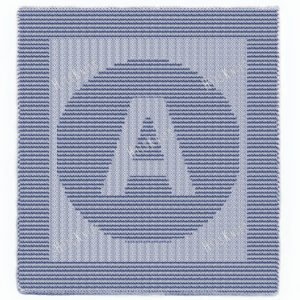 Letter A Panel Knitting Pattern showing a capital letter A inside a round medallion in raised knit and purl texture on a square knitted panel with a garter stitch border, worked in one solid color, 100 stitches x 146 rows.