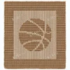 Basketball Panel Knitting Pattern showing a textured basketball with its curved seam lines on a square knitted panel with a garter stitch border, worked in one solid color in knit and purl, 100 stitches x 146 rows.