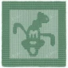 Goofy Knit and Purl Panel Knitting Pattern showing the head of Disney's Goofy with his tall hat, long ears, and big smiling muzzle in raised knit and purl texture on a solid sage green panel with a garter stitch border, worked in one color, 100 stitches x 146 rows.