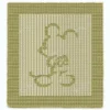Classic Mickey Mouse Panel Knitting Pattern showing a full body silhouette of Mickey Mouse standing in a classic pose with round ears, arms and big shoes, in raised knit and purl texture on a solid sage green panel with a garter stitch border, worked in one color, 100 stitches x 146 rows.