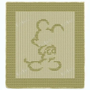Classic Mickey Mouse Panel Knitting Pattern showing a full body silhouette of Mickey Mouse standing in a classic pose with round ears, arms and big shoes, in raised knit and purl texture on a solid sage green panel with a garter stitch border, worked in one color, 100 stitches x 146 rows.