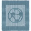 Soccer Ball Panel Knitting Pattern showing a textured soccer ball with its pentagon and hexagon panels on a square knitted panel with a garter stitch border, worked in one solid color in knit and purl, 100 stitches x 146 rows.