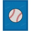 Baseball Intarsia Knit Blanket Pattern - a white baseball with red stitching and a black outline centered on a blue background with a garter stitch border, worked in stockinette intarsia colorwork with 4 colors: Blue, White, Red, Black.