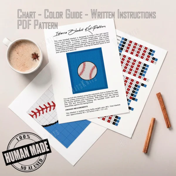 Baseball Intarsia Knit Blanket Pattern - a white baseball with red stitching and a black outline centered on a blue background with a garter stitch border, worked in stockinette intarsia colorwork with 4 colors: Blue, White, Red, Black.