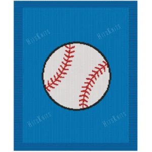Baseball Intarsia Knit Blanket Pattern - a white baseball with red stitching and a black outline centered on a blue background with a garter stitch border, worked in stockinette intarsia colorwork with 4 colors: Blue, White, Red, Black.