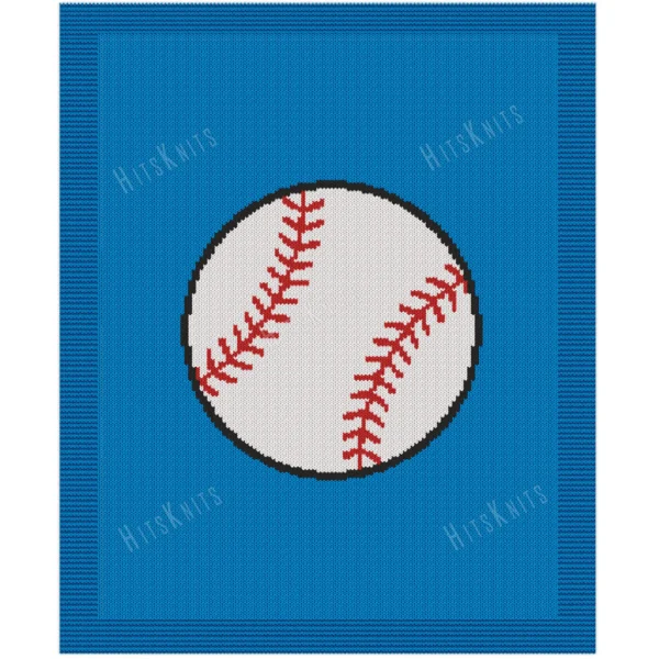 Baseball Intarsia Knit Blanket Pattern - a white baseball with red stitching and a black outline centered on a blue background with a garter stitch border, worked in stockinette intarsia colorwork with 4 colors: Blue, White, Red, Black.