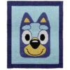 Bluey Intarsia Knit Baby Blanket Pattern showing a big blue heeler puppy face with pointy ears, golden ear and snout markings, large round eyes, and a smiling black nose, worked in stockinette intarsia colorwork with 5 colors: Navy, Sky, Yellow, White, and Black.