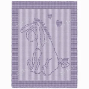 Eeyore Blanket Knitting Pattern, textured knit blanket featuring Eeyore from Winnie the Pooh in a single-color design. Raised knit and purl stitch motif shows the beloved donkey with long ears, bow-tied tail, and floating hearts, framed by a garter stitch border on a soft stockinette background.