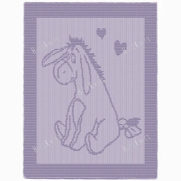 Eeyore Blanket Knitting Pattern, textured knit blanket featuring Eeyore from Winnie the Pooh in a single-color design. Raised knit and purl stitch motif shows the beloved donkey with long ears, bow-tied tail, and floating hearts, framed by a garter stitch border on a soft stockinette background.